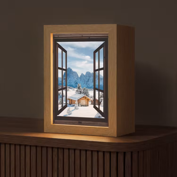 Doorkijk - Winter - Landschap - Huisje - Bergen Light Box met kabel (Tafellamp) klein -z3d_website