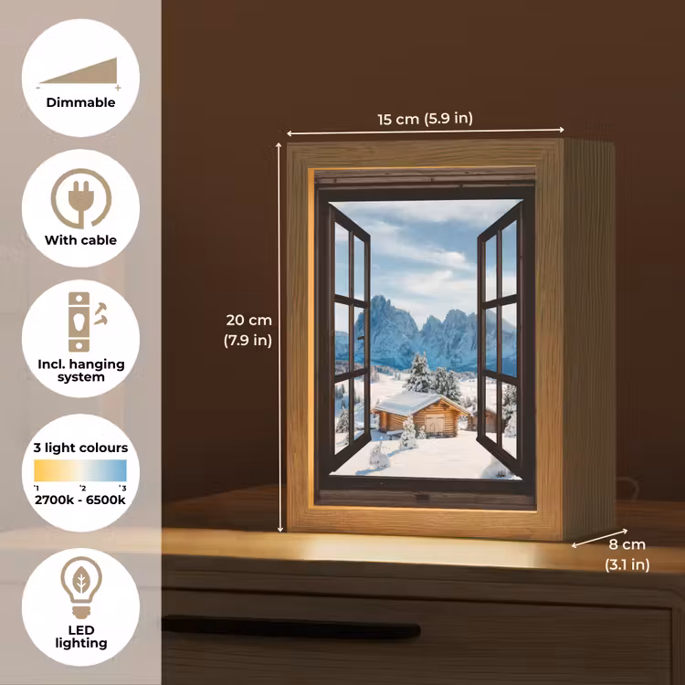 Doorkijk - Winter - Landschap - Huisje - Bergen Light Box met kabel (Tafellamp) klein -USP_EN