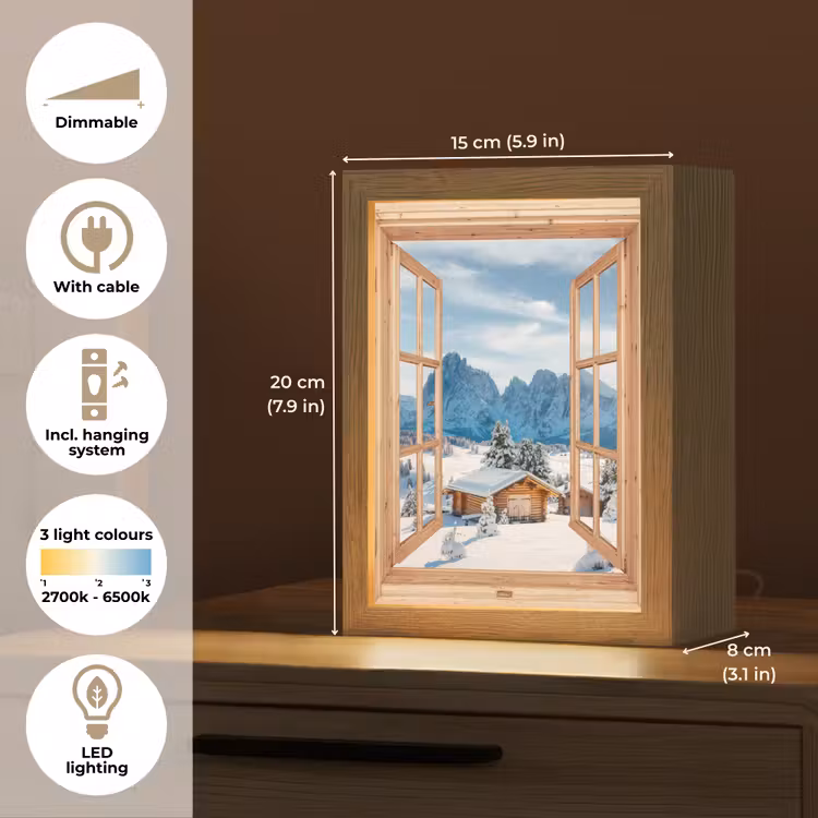 Doorkijk - Winterlandschap - Huisje - Bergen - Uitzicht Light Box met kabel (Tafellamp) klein -USP_EN
