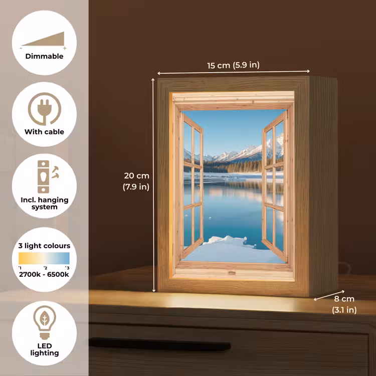 Doorkijk - Landschap - Winter - Meer - Bergen - Uitzicht Light Box met kabel (Tafellamp) klein -USP_EN