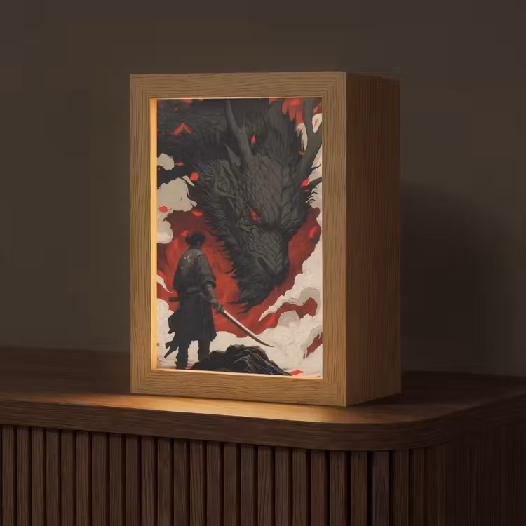 Krijger - Draak - Zwart - Rood - Rook Light Box met kabel (Tafellamp) klein -z3d_website