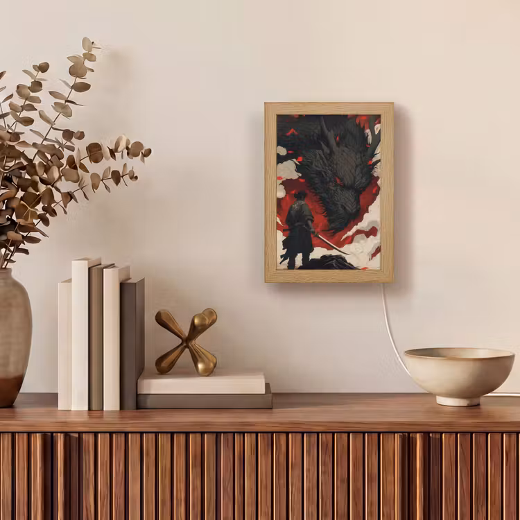Krijger - Draak - Zwart - Rood - Rook Light Box met kabel (Tafellamp) klein -sfeer2