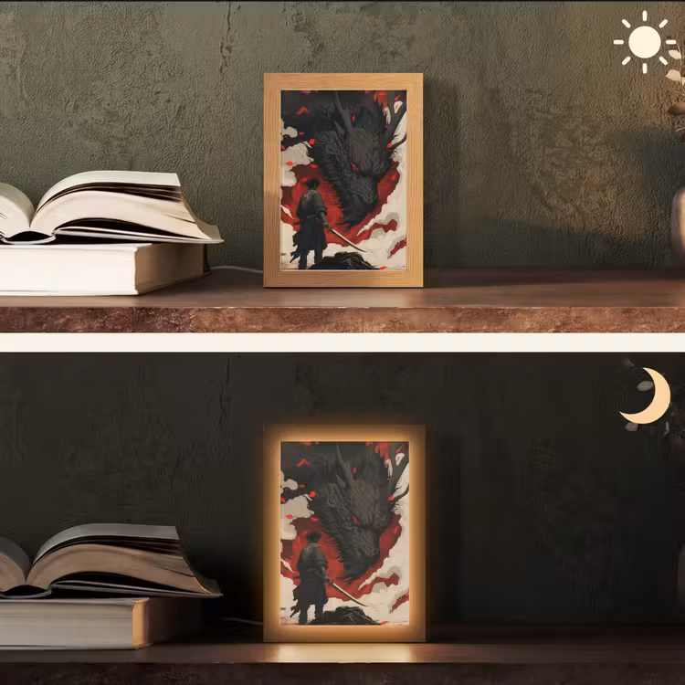 Krijger - Draak - Zwart - Rood - Rook Light Box met kabel (Tafellamp) klein -sfeer3
