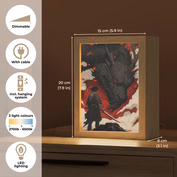 Krijger - Draak - Zwart - Rood - Rook Light Box met kabel (Tafellamp) klein -USP_EN