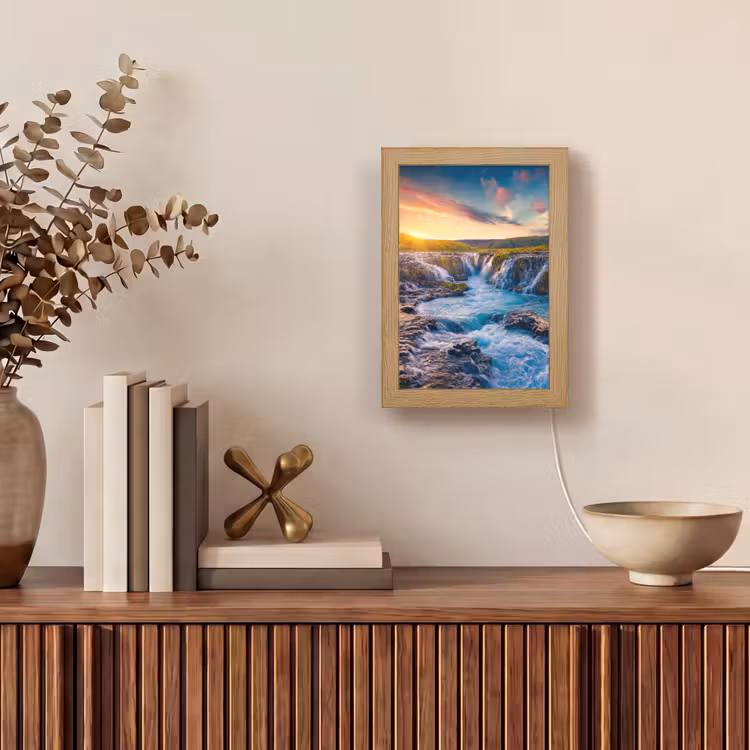 Waterval - Planten - Mos - Landschap - Zonsondergang - Rots Light Box met kabel (Tafellamp) klein -sfeer2