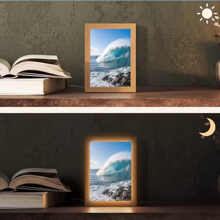 Golf - Oceaan - Brekend - Water - Blauw Light Box met kabel (Tafellamp) klein -sfeer3