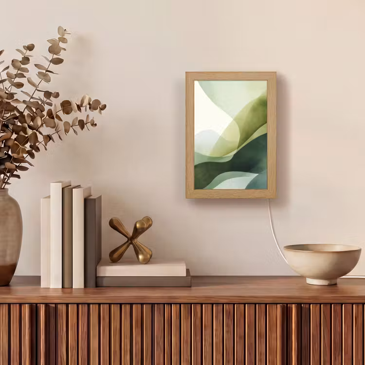 Golven - Abstract - Lichtgroen - Sierlijk Light Box met kabel (Tafellamp) klein -sfeer2
