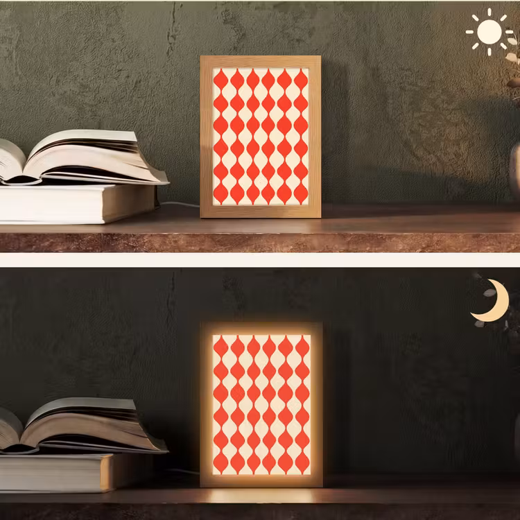 Golvend patroon - Retro - Rood - Beige Light Box met kabel (Tafellamp) klein 925 -sfeer3