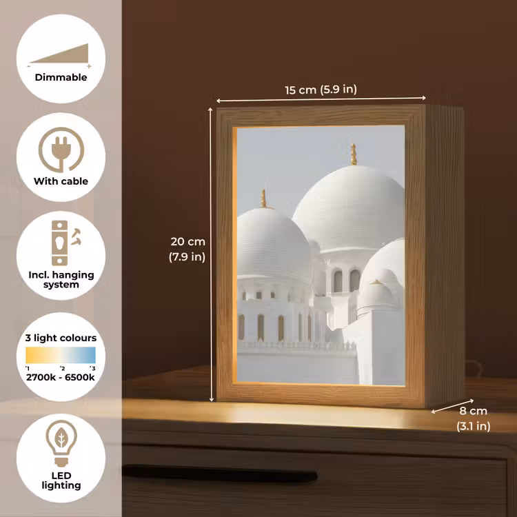 Witte koepels - Helderblauwe lucht - Islamitisch Light Box met kabel (Tafellamp) klein -USP_EN