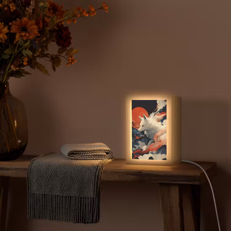 Witte vos - wolken - maan Light Box met kabel (Tafellamp) klein -sfeer4