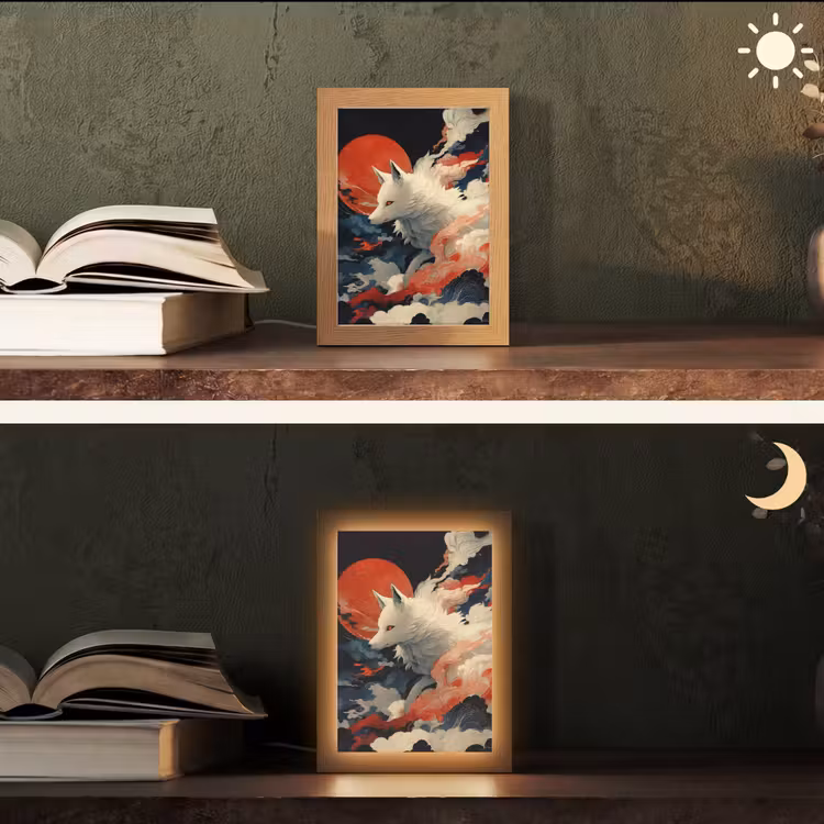 Witte vos - wolken - maan Light Box met kabel (Tafellamp) klein -sfeer3
