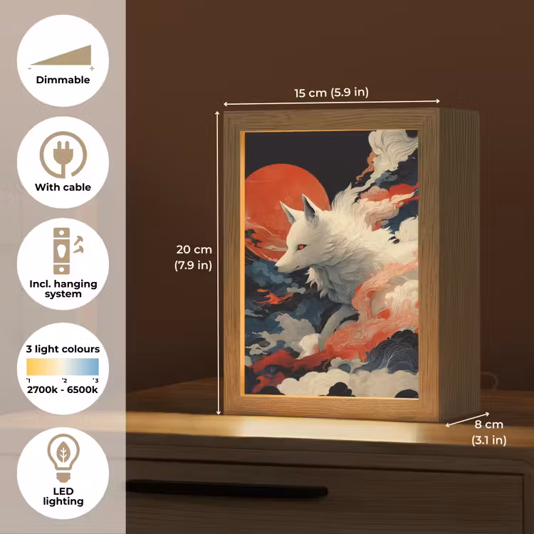 Witte vos - wolken - maan Light Box met kabel (Tafellamp) klein -USP_EN