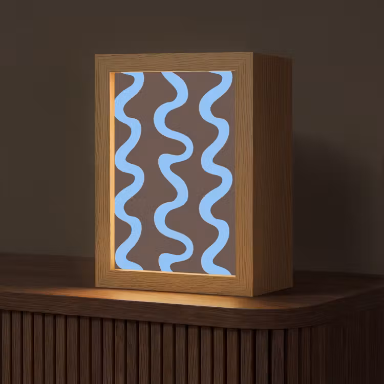 Kronkelende lijnen - Blauw - Bruin - Minimalistisch Light Box met kabel (Tafellamp) klein 925 -z3d_website