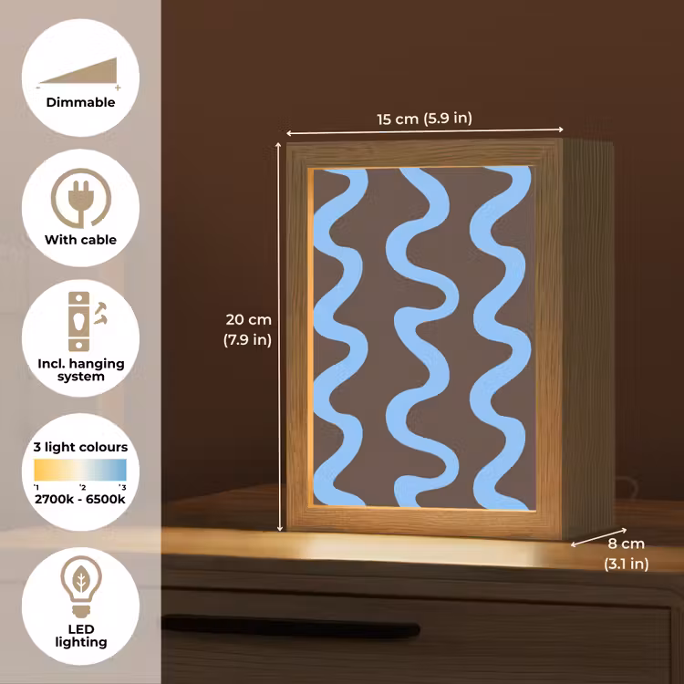 Kronkelende lijnen - Blauw - Bruin - Minimalistisch Light Box met kabel (Tafellamp) klein 925 -USP_EN