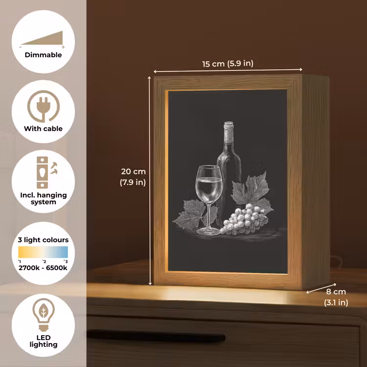 Wijnfles - Glas - Druiven - Bladeren Light Box met kabel (Tafellamp) klein -USP_EN