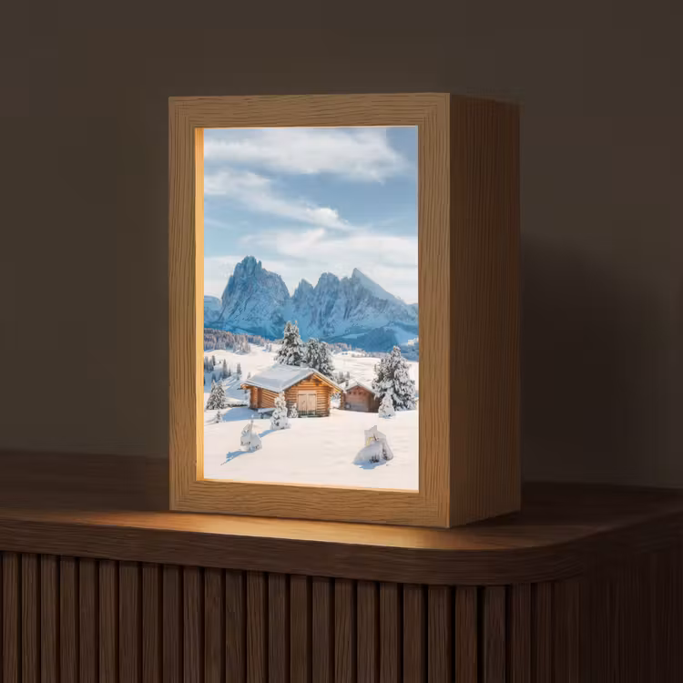 Winter - Huisje - Bergen - Uitzicht - Sneeuw Light Box met kabel (Tafellamp) klein -z3d_website