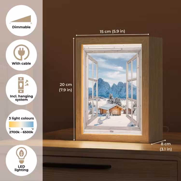 Winterlandschap - Huisje - Bergen - Uitzicht - Doorkijk - Natuur Light Box met kabel (Tafellamp) klein -USP_EN