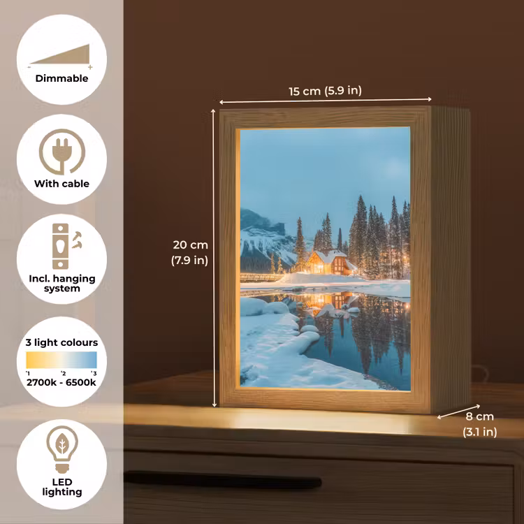 Winterlandschap - Natuur - Huis - Bergen - Sneeuw Light Box met kabel (Tafellamp) klein -USP_EN