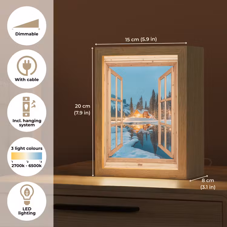 Winterlandschap - Natuur - Huis - Bergen - Doorkijk - Raam Light Box met kabel (Tafellamp) klein -USP_EN