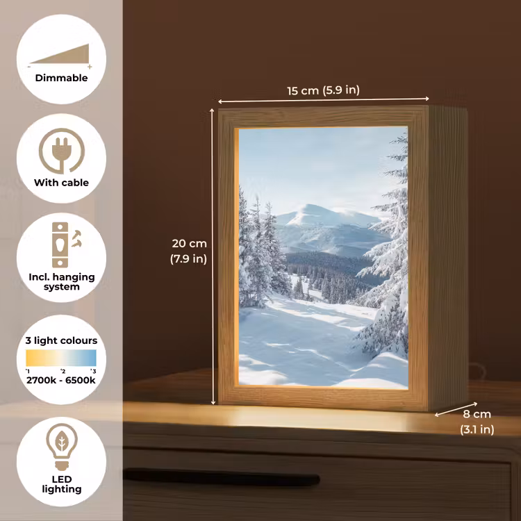 Winterlandschap - Natuur - Berg - Bomen - Sneeuw Light Box met kabel (Tafellamp) klein -USP_EN