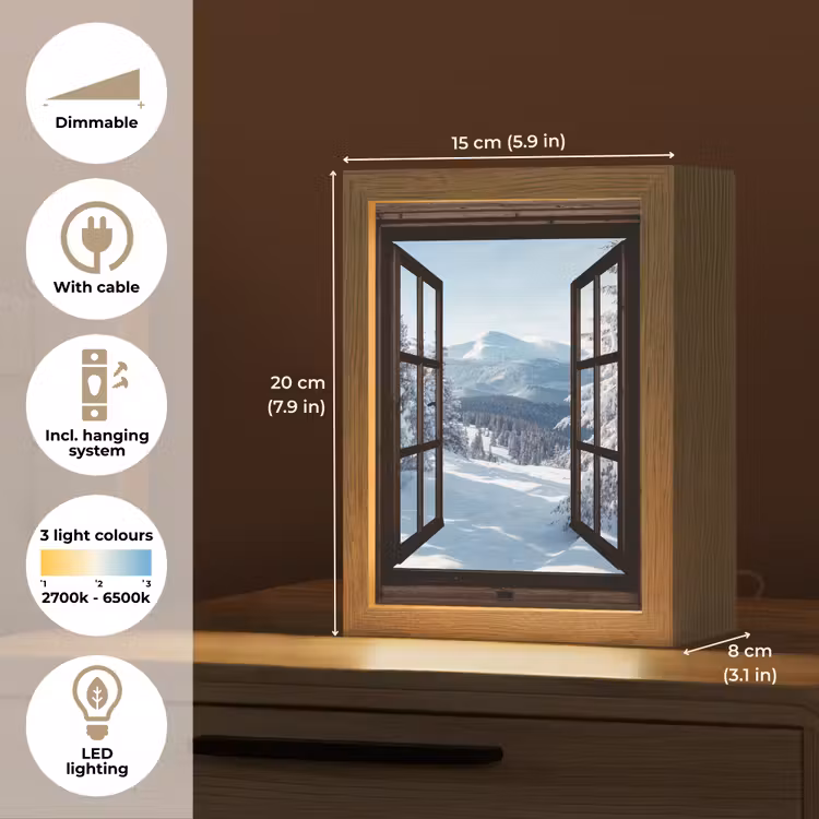 Winter - Landschap - Natuur - Berg - Bomen - Doorkijk - Uitzicht Light Box met kabel (Tafellamp) klein -USP_EN