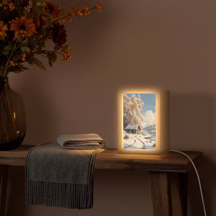 Winter - Sneeuw - Huis - Natuur Light Box met kabel (Tafellamp) klein -sfeer4