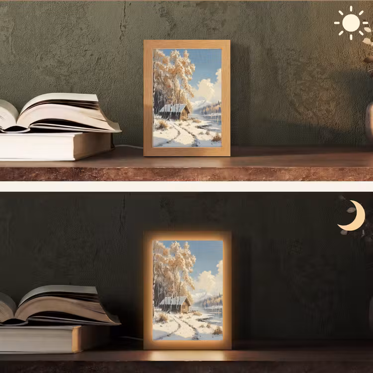 Winter - Sneeuw - Huis - Natuur Light Box met kabel (Tafellamp) klein -sfeer3