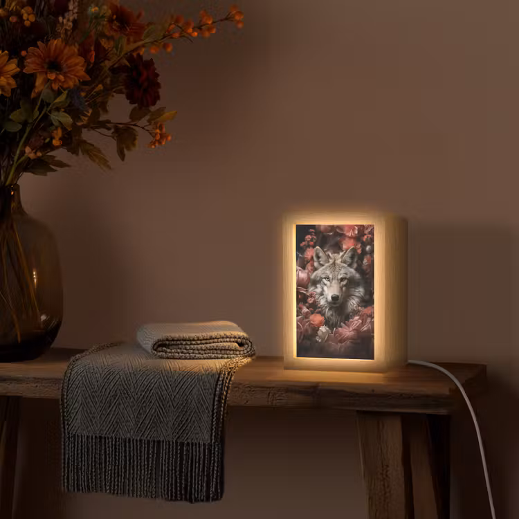 Wolf - Dier - Bloemen - Botanisch - Natuur - Fantasie Light Box met kabel (Tafellamp) klein -sfeer4