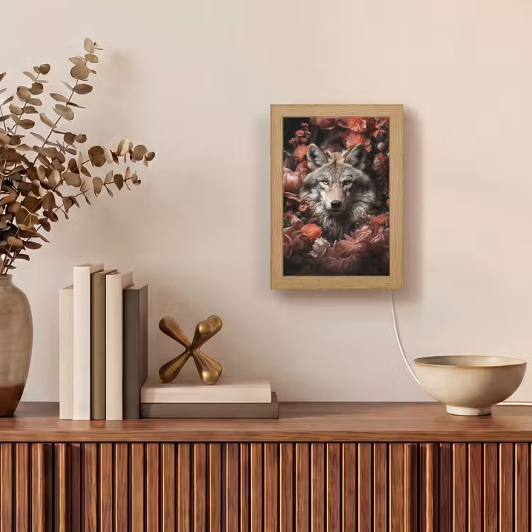 Wolf - Dier - Bloemen - Botanisch - Natuur - Fantasie Light Box met kabel (Tafellamp) klein -sfeer2