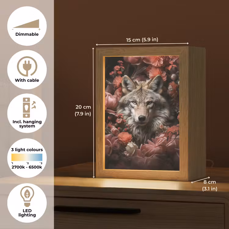 Wolf - Dier - Bloemen - Botanisch - Natuur - Fantasie Light Box met kabel (Tafellamp) klein -USP_EN