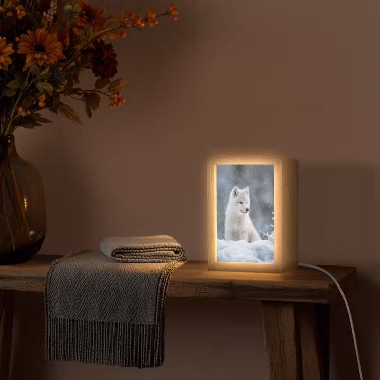 Wolf - Pup - Sneeuw Light Box met kabel (Tafellamp) klein -sfeer4