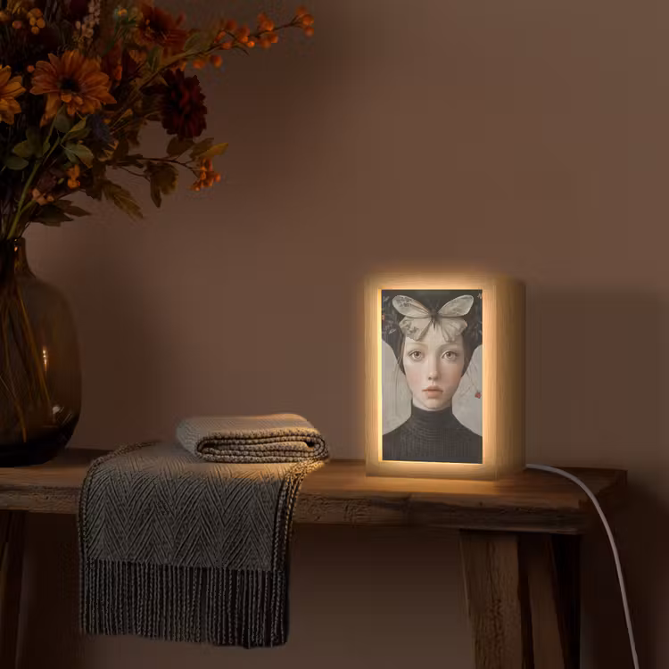 Woman - Butterfly - Art - Classic - Muted Light Box met kabel (Tafellamp) klein -sfeer4