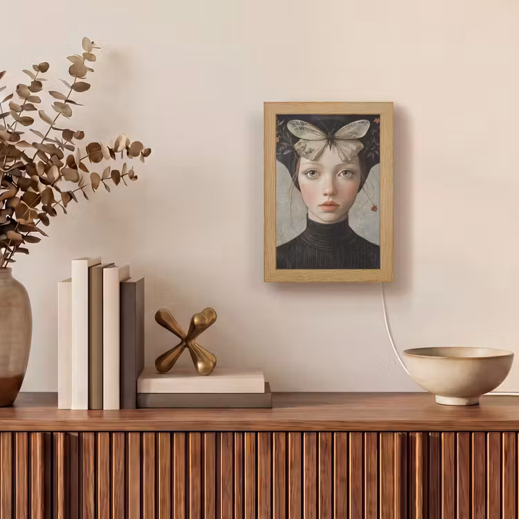 Woman - Butterfly - Art - Classic - Muted Light Box met kabel (Tafellamp) klein -sfeer2