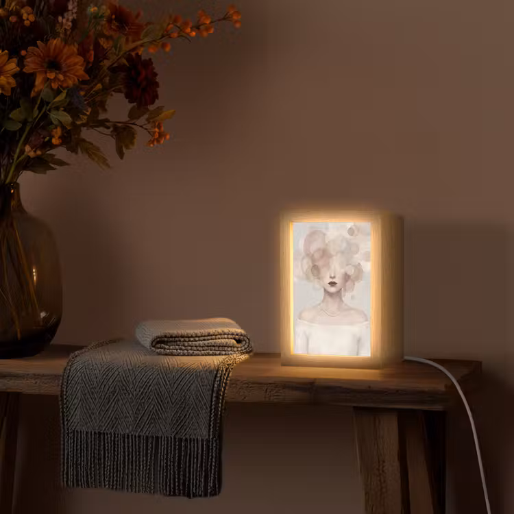 Vrouw - Cirkels - Beige Light Box met kabel (Tafellamp) klein -sfeer4