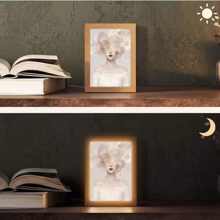 Vrouw - Cirkels - Beige Light Box met kabel (Tafellamp) klein -sfeer3