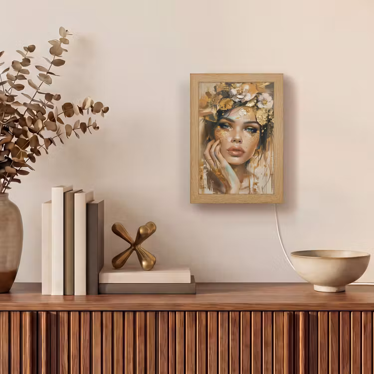 Vrouw - Bloemen - Goud - Portret Light Box met kabel (Tafellamp) klein -sfeer2