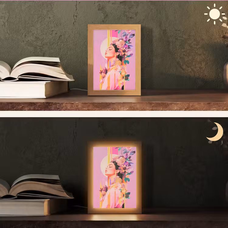 Vrouw - Bloemen - Paars - Abstract Light Box met kabel (Tafellamp) klein -sfeer3