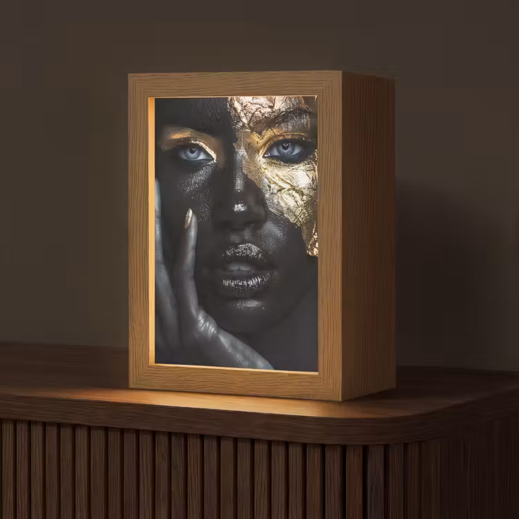 Vrouw - Goud - Portret - Modern - Zwart - Abstract Light Box met kabel (Tafellamp) klein -z3d_website