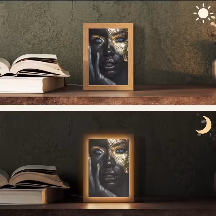 Vrouw - Goud - Portret - Modern - Zwart - Abstract Light Box met kabel (Tafellamp) klein -sfeer3