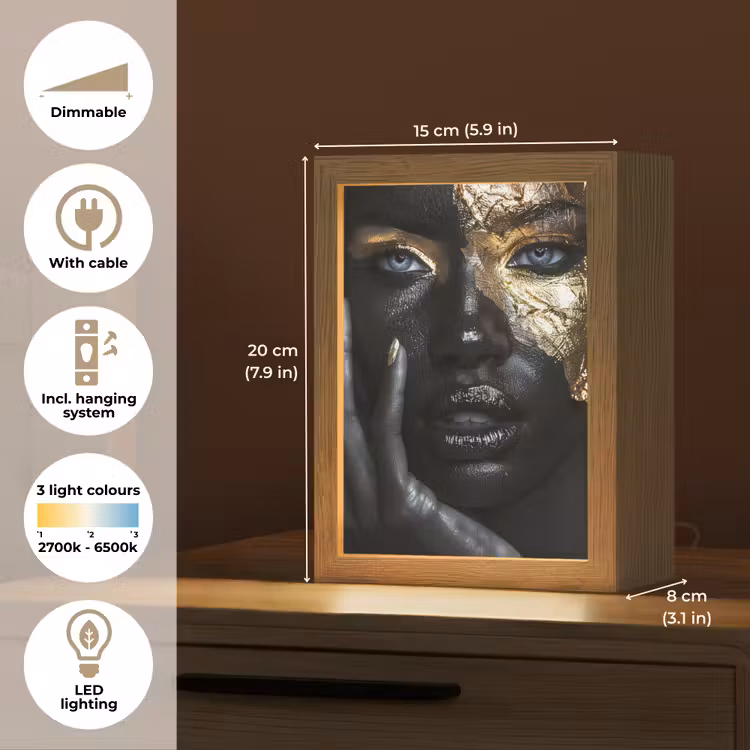 Vrouw - Goud - Portret - Modern - Zwart - Abstract Light Box met kabel (Tafellamp) klein -USP_EN