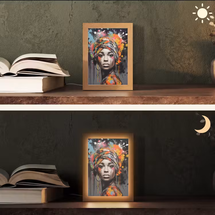 Vrouw - Hoofddoek - Graffiti - Zwart Light Box met kabel (Tafellamp) klein -sfeer3