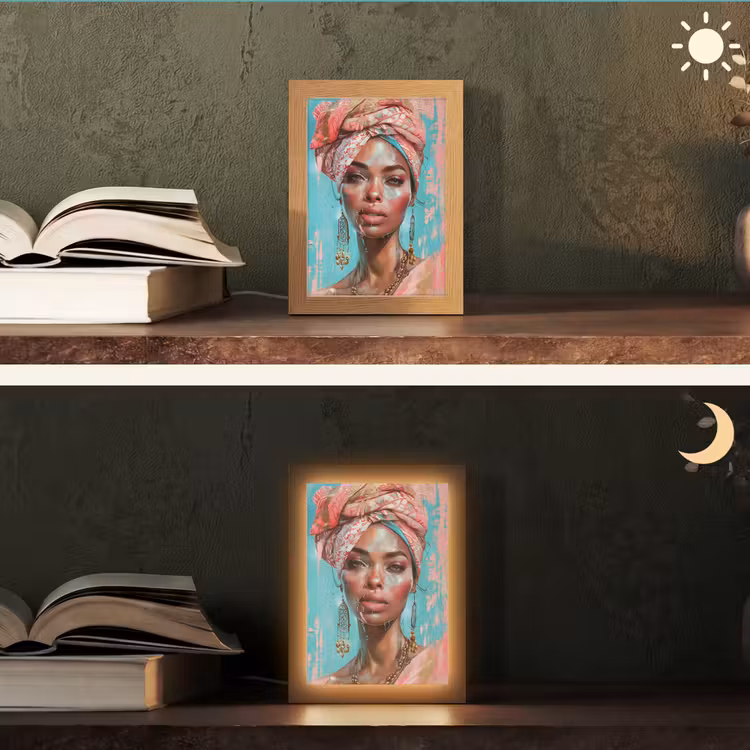 Vrouw - Portret - Blauw - Roze - Modern Light Box met kabel (Tafellamp) klein -sfeer3