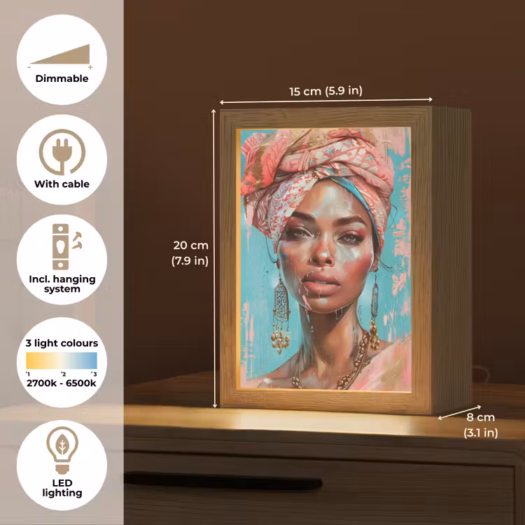 Vrouw - Portret - Blauw - Roze - Modern Light Box met kabel (Tafellamp) klein -USP_EN