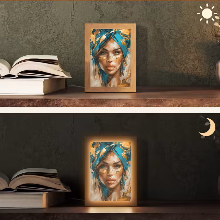 Vrouw - Portret - Goud - Luxe - Blauw Light Box met kabel (Tafellamp) klein -sfeer3
