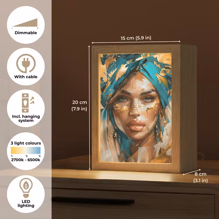 Vrouw - Portret - Goud - Luxe - Blauw Light Box met kabel (Tafellamp) klein -USP_EN