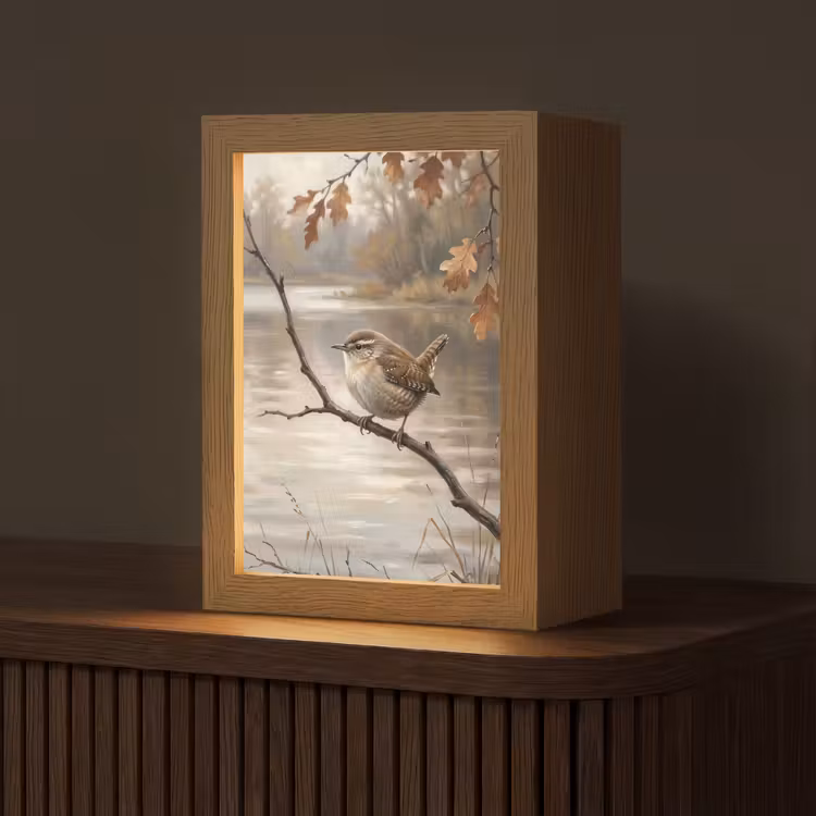 Winterkoninkje - Tak - Rivier - Natuur - Sfeervol Light Box met kabel (Tafellamp) klein -z3d_website