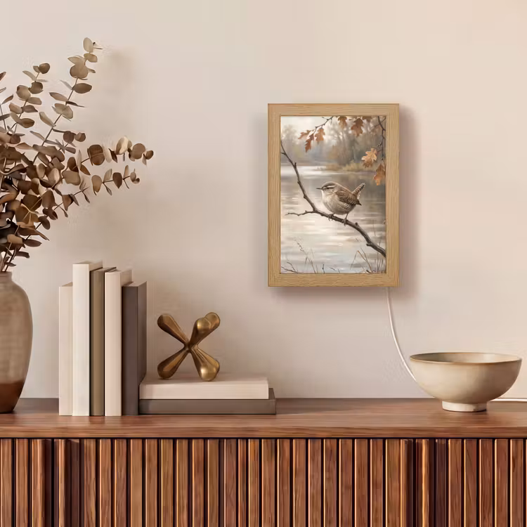 Winterkoninkje - Tak - Rivier - Natuur - Sfeervol Light Box met kabel (Tafellamp) klein -sfeer2
