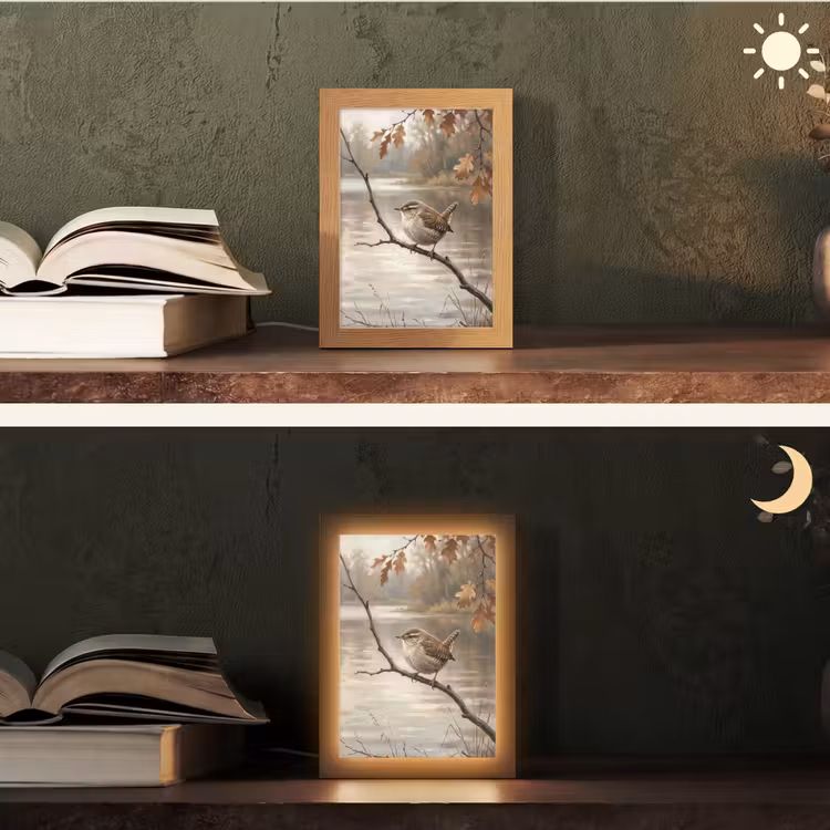 Winterkoninkje - Tak - Rivier - Natuur - Sfeervol Light Box met kabel (Tafellamp) klein -sfeer3