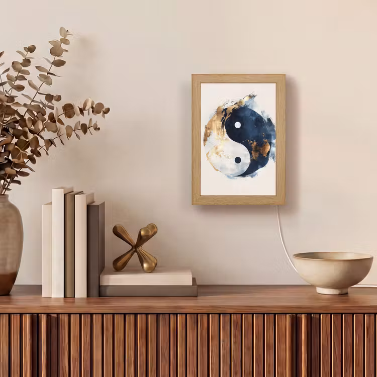 Yin Yang - Abstract - Zwart - Wit - Goud Light Box met kabel (Tafellamp) klein -sfeer2