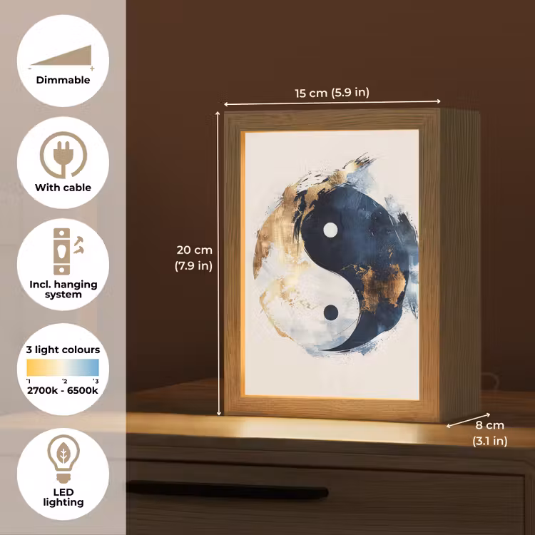Yin Yang - Abstract - Zwart - Wit - Goud Light Box met kabel (Tafellamp) klein -USP_EN